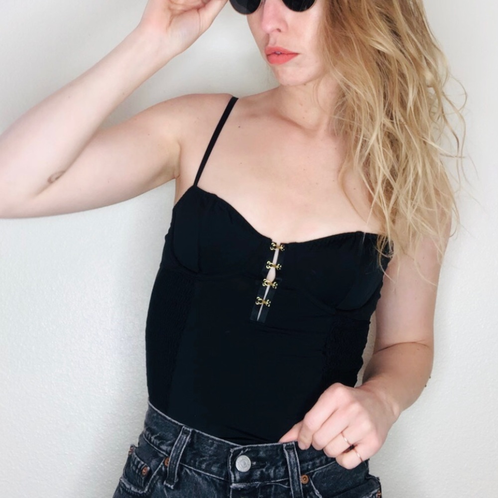 Victorias Secret XS black gold bustier stretch underwire bodysuit top clasp